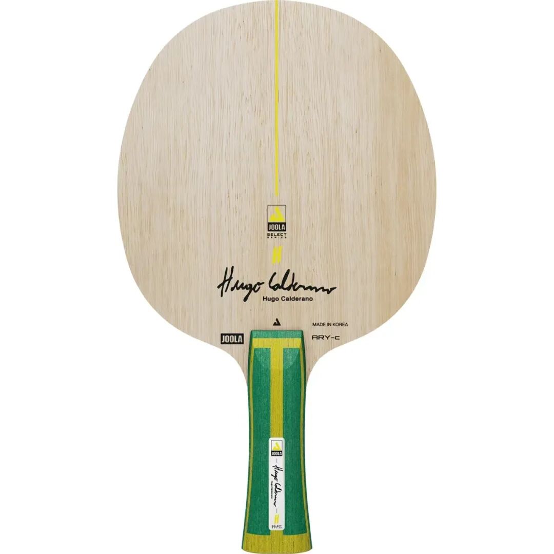 Hugo Calderano's JOOLA ARY-C blade face showing Trinity Charged rubber forehand side