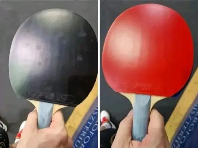 Outer carbon blade with high-spin rubber showing forehand contact quality